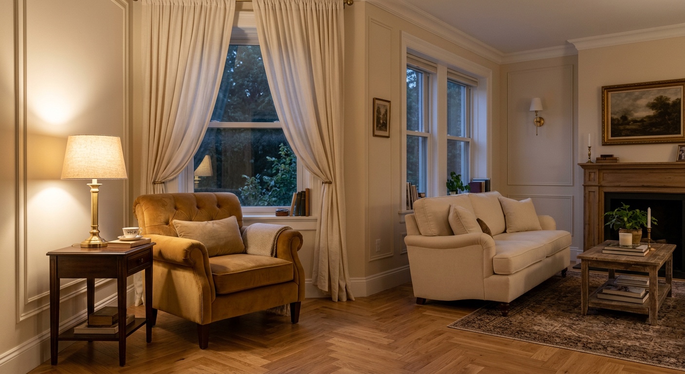 Тёплая классика — паркет ёлочкой, молдинги, бархат