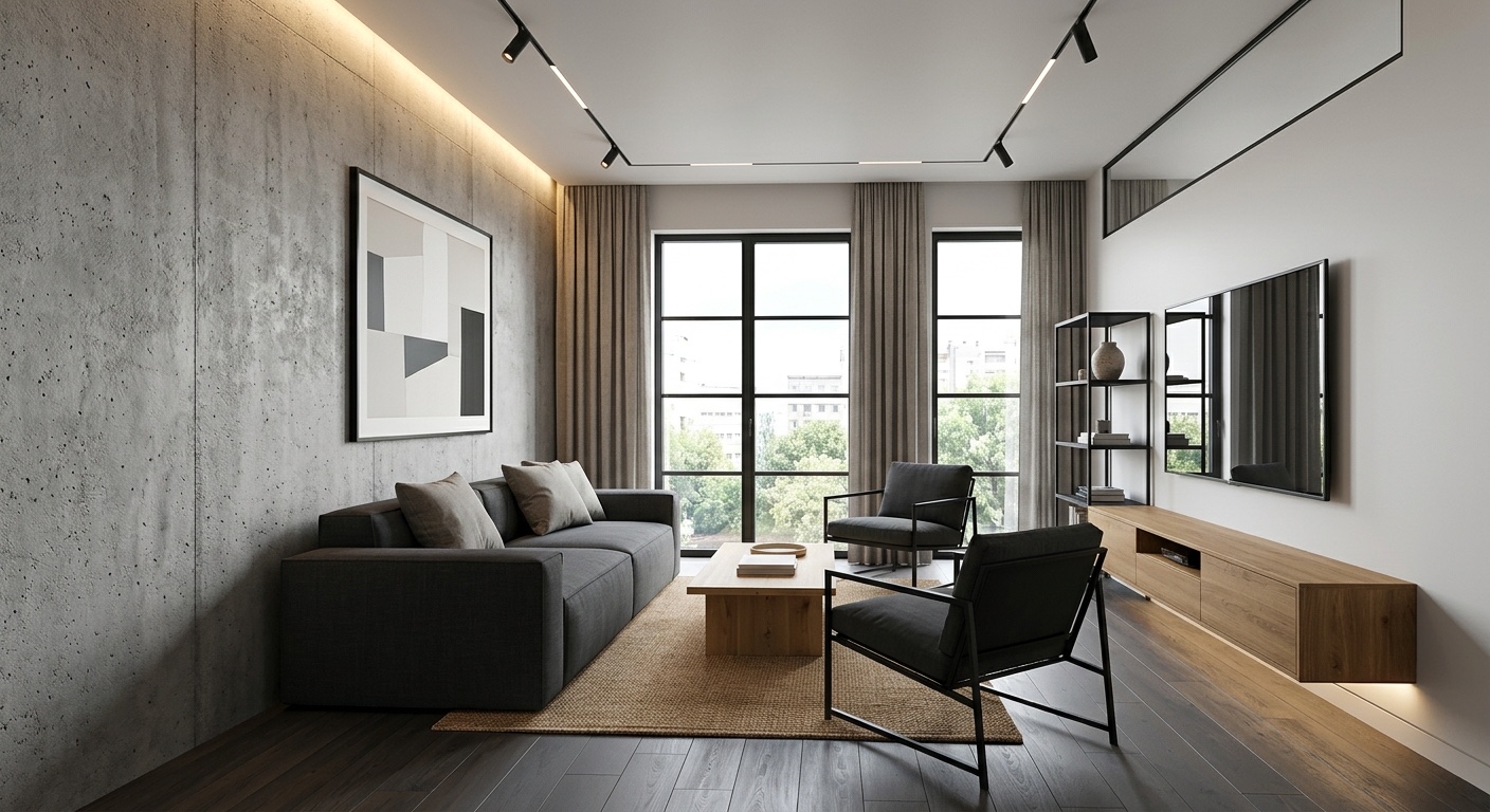 Минимализм — бетон, тёмное дерево, чёрный металл