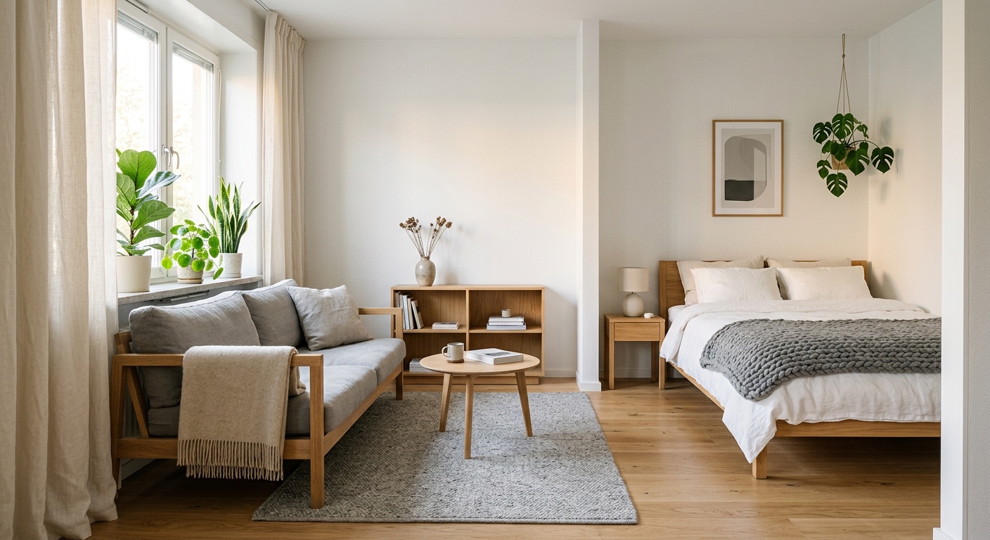 Скандинавский стиль — светлое дерево, белые стены, растения